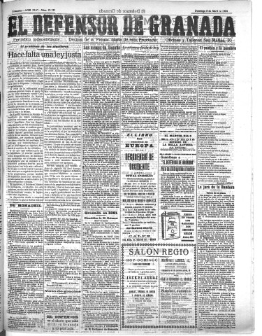 'El Defensor de Granada  : diario político independiente' - Año XLVI Número 23133  - 1924 Abril 06