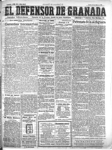 'El Defensor de Granada  : diario político independiente' - Año XLVI Número 23136  - 1924 Abril 10
