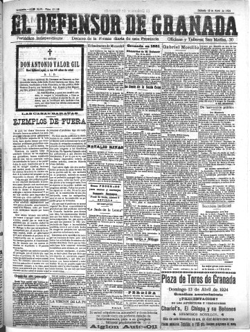 'El Defensor de Granada  : diario político independiente' - Año XLVI Número 23138  - 1924 Abril 12