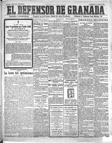 'El Defensor de Granada  : diario político independiente' - Año XLVI Número 23144  - 1924 Abril 20