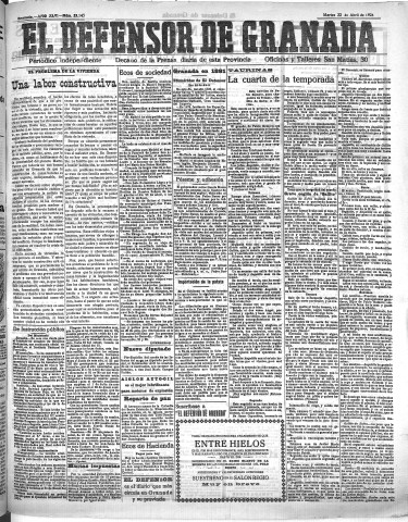 'El Defensor de Granada  : diario político independiente' - Año XLVI Número 23145  - 1924 Abril 22