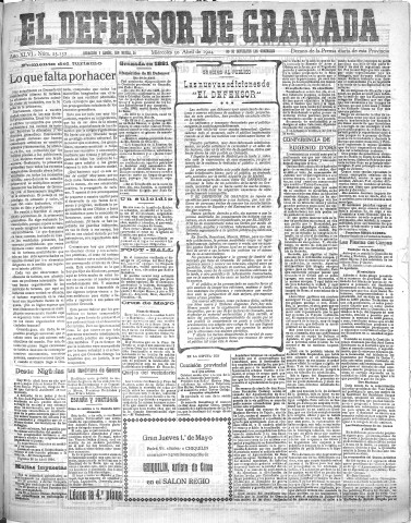 'El Defensor de Granada  : diario político independiente' - Año XLVI Número 23152  - 1924 Abril 30