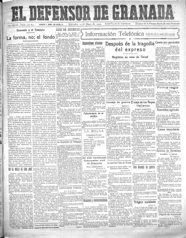 'El Defensor de Granada  : diario político independiente' - Año XLVI Número 23165 Ed. Mañana - 1924 Mayo 14