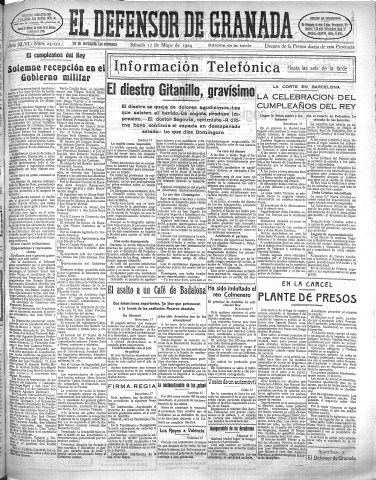 'El Defensor de Granada  : diario político independiente' - Año XLVI Número 23172 Ed. Tarde - 1924 Mayo 17