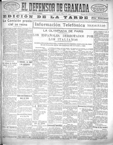 'El Defensor de Granada  : diario político independiente' - Año XLVI Número 23186 Ed. Tarde - 1924 Mayo 26