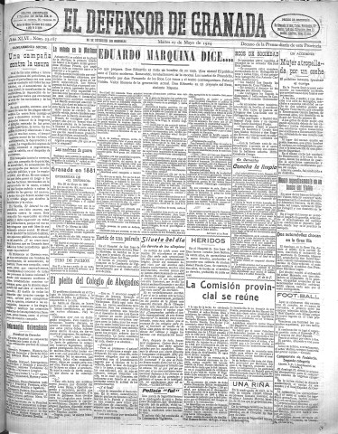 'El Defensor de Granada  : diario político independiente' - Año XLVI Número 23187 Ed. Mañana - 1924 Mayo 27