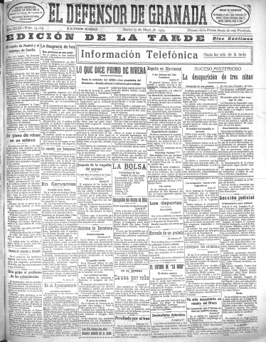 'El Defensor de Granada  : diario político independiente' - Año XLVI Número 23189 Ed. Tarde - 1924 Mayo 27