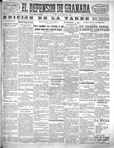 'El Defensor de Granada  : diario político independiente' - Año XLVI Número 23195 Ed. Tarde - 1924 Mayo 30