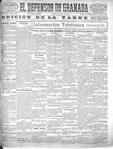 'El Defensor de Granada  : diario político independiente' - Año XLVI Número 23201 Ed. Tarde - 1924 Junio 03