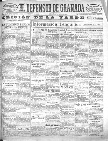 'El Defensor de Granada  : diario político independiente' - Año XLVI Número 23203 Ed. Tarde - 1924 Junio 04