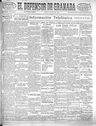 'El Defensor de Granada  : diario político independiente' - Año XLVI Número 23205 Ed. Tarde - 1924 Junio 05