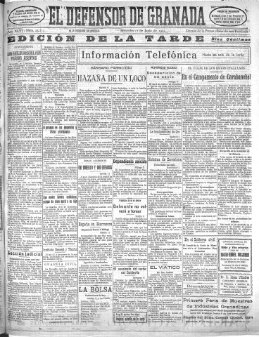 'El Defensor de Granada  : diario político independiente' - Año XLVI Número 23213 Ed. Tarde - 1924 Junio 11