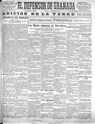'El Defensor de Granada  : diario político independiente' - Año XLVI Número 23215 Ed. Tarde - 1924 Junio 12