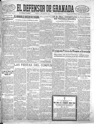 'El Defensor de Granada  : diario político independiente' - Año XLVI Número 23222 Ed. Mañana - 1924 Junio 17