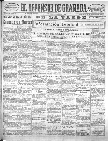'El Defensor de Granada  : diario político independiente' - Año XLVI Número 23225 Ed. Tarde - 1924 Junio 18