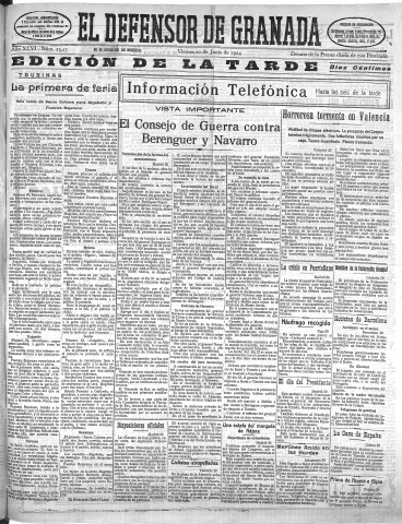 'El Defensor de Granada  : diario político independiente' - Año XLVI Número 23227 Ed. Tarde - 1924 Junio 20
