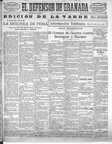 'El Defensor de Granada  : diario político independiente' - Año XLVI Número 23231 Ed. Tarde - 1924 Junio 23
