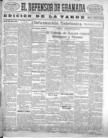'El Defensor de Granada  : diario político independiente' - Año XLVI Número 23233 Ed. Tarde - 1924 Junio 24