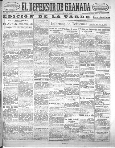 'El Defensor de Granada  : diario político independiente' - Año XLVI Número 23237 Ed. Tarde - 1924 Junio 26