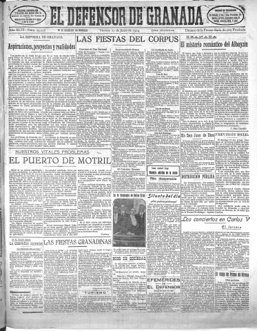 'El Defensor de Granada  : diario político independiente' - Año XLVI Número 23238 Ed. Mañana - 1924 Junio 27