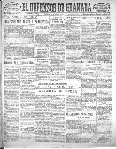 'El Defensor de Granada  : diario político independiente' - Año XLVI Número 23242 Ed. Mañana - 1924 Junio 29