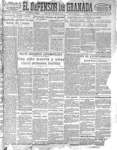 'El Defensor de Granada  : diario político independiente' - Año XLVI Número 23246 Ed. Mañana - 1924 Julio 02