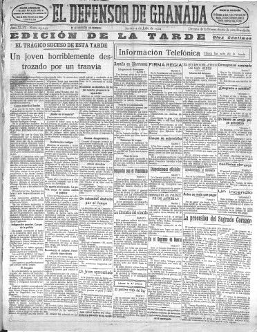 'El Defensor de Granada  : diario político independiente' - Año XLVI Número 23250 Ed. Tarde - 1924 Julio 04