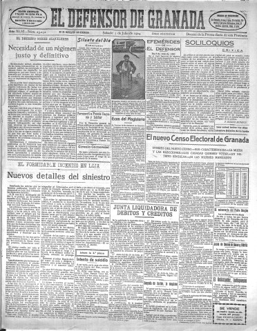 'El Defensor de Granada  : diario político independiente' - Año XLVI Número 23252 Ed. Mañana - 1924 Julio 05