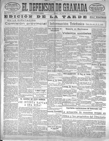 'El Defensor de Granada  : diario político independiente' - Año XLVI Número 23253 Ed. Tarde - 1924 Julio 05