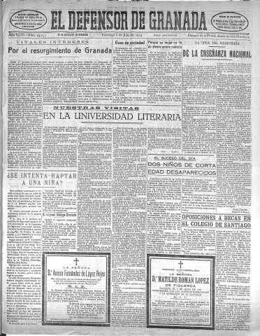 'El Defensor de Granada  : diario político independiente' - Año XLVI Número 23254 Ed. Mañana - 1924 Julio 06