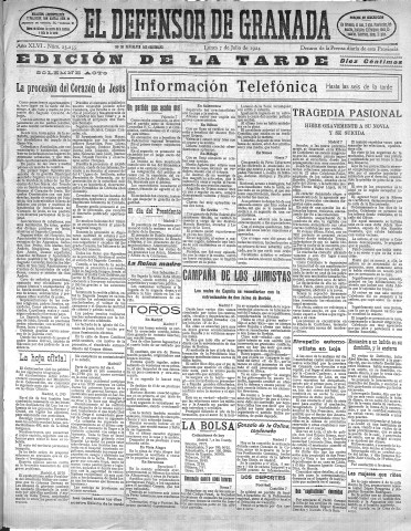 'El Defensor de Granada  : diario político independiente' - Año XLVI Número 23255 Ed. Tarde - 1924 Julio 07