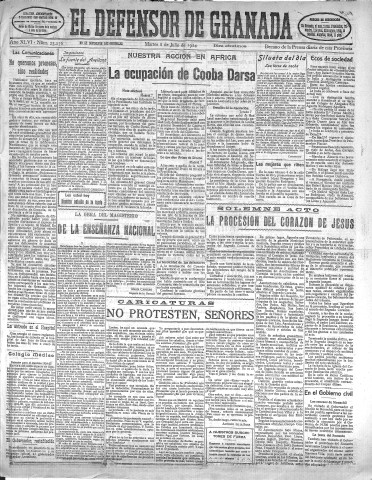 'El Defensor de Granada  : diario político independiente' - Año XLVI Número 23256 Ed. Mañana - 1924 Julio 08