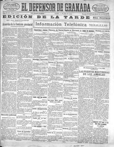 'El Defensor de Granada  : diario político independiente' - Año XLVI Número 23265 Ed. Tarde - 1924 Julio 12