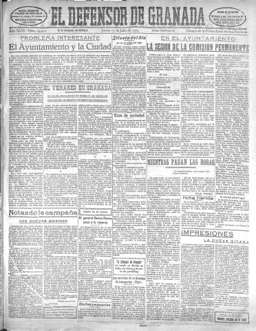 'El Defensor de Granada  : diario político independiente' - Año XLVI Número 23272 Ed. Mañana - 1924 Julio 17