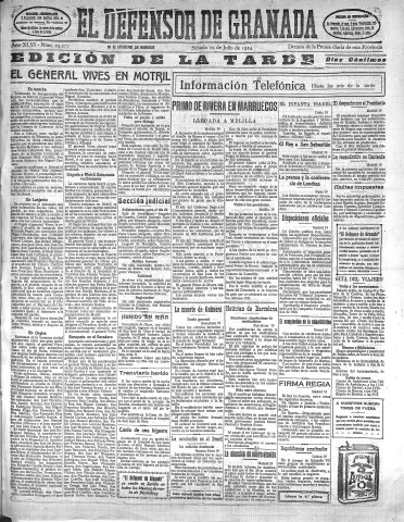 'El Defensor de Granada  : diario político independiente' - Año XLVI Número 23277 Ed. Tarde - 1924 Julio 19