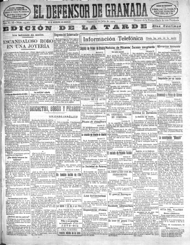 'El Defensor de Granada  : diario político independiente' - Año XLVI Número 23281 Ed. Tarde - 1924 Julio 22