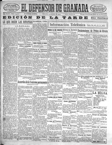 'El Defensor de Granada  : diario político independiente' - Año XLVI Número 23283 Ed. Tarde - 1924 Julio 23