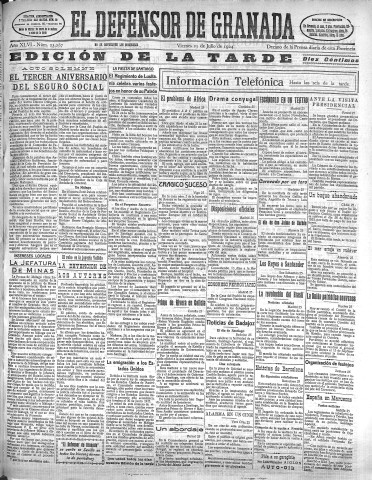 'El Defensor de Granada  : diario político independiente' - Año XLVI Número 23287 Ed. Tarde - 1924 Julio 25
