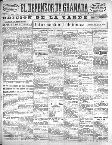 'El Defensor de Granada  : diario político independiente' - Año XLVI Número 23291 Ed. Tarde - 1924 Julio 28