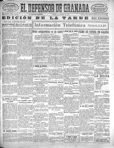 'El Defensor de Granada  : diario político independiente' - Año XLVI Número 23293 Ed. Tarde - 1924 Julio 29