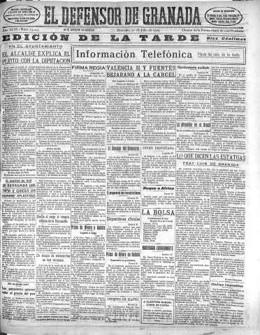 'El Defensor de Granada  : diario político independiente' - Año XLVI Número 23295 Ed. Tarde - 1924 Julio 30