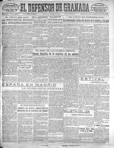 'El Defensor de Granada  : diario político independiente' - Año XLVI Número 23296 Ed. Mañana - 1924 Julio 31