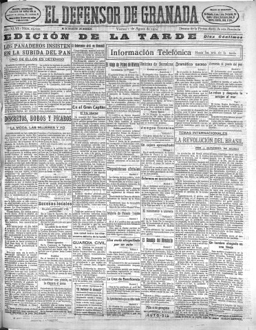 'El Defensor de Granada  : diario político independiente' - Año XLVI Número 23299 Ed. Tarde - 1924 Agosto 01