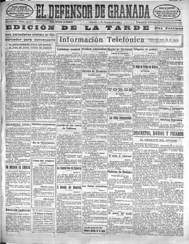 'El Defensor de Granada  : diario político independiente' - Año XLVI Número 23301 Ed. Tarde - 1924 Agosto 02