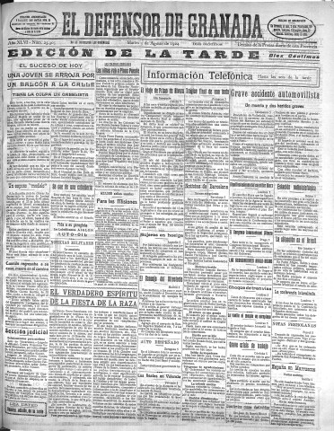 'El Defensor de Granada  : diario político independiente' - Año XLVI Número 23305 Ed. Tarde - 1924 Agosto 05