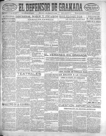 'El Defensor de Granada  : diario político independiente' - Año XLVI Número 23306 Ed. Mañana - 1924 Agosto 06