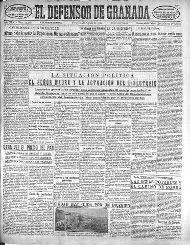'El Defensor de Granada  : diario político independiente' - Año XLVI Número 23310 Ed. Mañana - 1924 Agosto 08