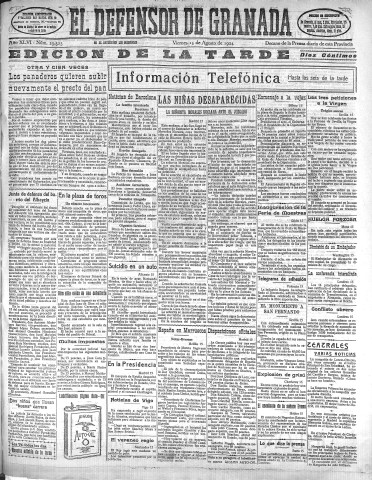 'El Defensor de Granada  : diario político independiente' - Año XLVI Número 23323 Ed. Tarde - 1924 Agosto 15