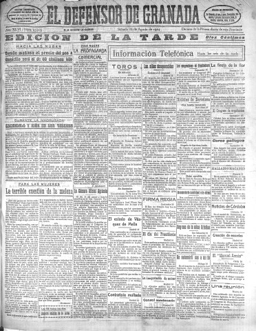 'El Defensor de Granada  : diario político independiente' - Año XLVI Número 23325 Ed. Tarde - 1924 Agosto 16