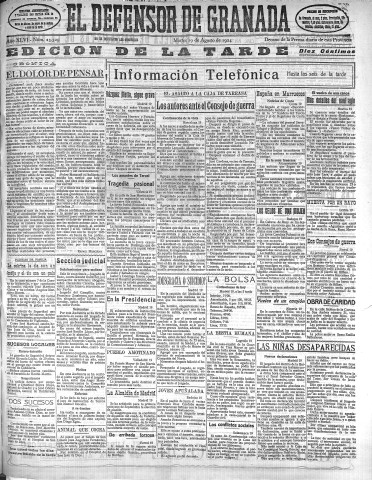 'El Defensor de Granada  : diario político independiente' - Año XLVI Número 23329 Ed. Tarde - 1924 Agosto 19